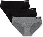 PUMA Women's Plus Size 3 Pack Seamless Bikini Underwear, Puma Black/Heather Grey, 1X