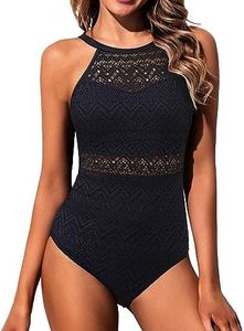 Holipick Crochet One Piece Swimsuit Modest Bathing Suit High Neck Full Coverage Swimwear, Black, Medium