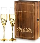 NUPTIO Crystal Champagne Flutes Wedding: Set of 2 Gold Champagne Glasses with Wooden Gift Box Prosecco Glass Pair for Couples Bride & Groom Engagement Anniversary Bridal Showers Toasting Gift Sets