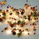 2 Pack Artificial Christmas Garland with Lights - Battery Operated 6.56FT Prelit Garland with 20 LED lights, Red Berries, Pine Cones, Pine Needles Decor for Xmas Tree Thanksgiving Home Fireplace Party