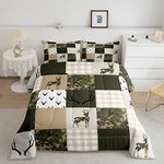 Homewish Camouflage Comforter Set Queen Size Woodland Camo Quilt Set Green and Beige Plaid Print Bedding Set 3pcs for Kids Boys Teens Room Decor, Animal Deer Antlers Duvet Insert with 2 Pillowcases