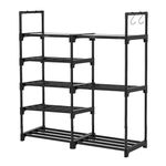 Wadayu Metal Shoe Rack with Hanging Hooks, Stackable Shoes Organizer Storage Shelf for Closet Entryway Hallway (Black, 5-Tier)