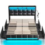 Rolanstar Queen Bed Frame with 4 Storage Drawers, Charging Station and LED Lights, PU Leather Bed Storage Headboard, Heavy Duty Wooden Slats, No Box Spring Needed, Noise Free, Easy Assembly