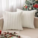 MIULEE White Throw Pillow Covers 18x18 Inch Set of 2 Fuzzy Striped Soft Pillowcase with Velvet Back Faux Rabbit Fur Cushion Covers Christmas Decorative Home Pillows for Sofa Couch Bedroom Car