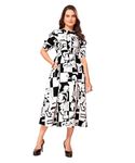 Masalli Fashion Women's Black & White Printed Midi Dress with Pocket (in, Alpha, M, Regular, Black & White)