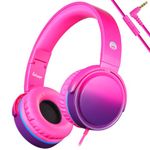 Rockpapa Grade Wired Headphones with Microphone, Lightweight Foldable Stereo Bass Headphones with No-Tangle Cord & 3.5mm Jack for Adult/Kids, Laptop Computer Tablet Airplane Chromebooks Pink