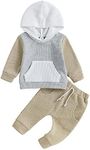 Ursobutegl Toddler Baby Boy Clothes Color Block Hooded Sweatshirt Pullover Jogger Pants 2Pcs Fall Winter Sweatsuit Outfit (Khaki, 6-12 Months)