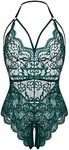 LOLLO VITA Women Lingerie Lace Bodysuit Floral Babydoll One Piece Sleepwear, Dark Green, Small