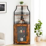 GarveeHome Corner Wine Bar Rack Cabinet with Detachable Wine Rack, Home Bar Cabinet with Barn Door and Adjustable Shelf, Wine Bar Cabinet and Buffet Cabinet with Mesh Door, Rustic Brown