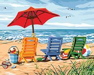 Awesocrafts Number Painting Kits, 3 Chairs on Beach, Umbrella Seagull Ocean Paint by Number 16x20 inches for Adults and Kids (Beach，No Frame)