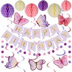 meowtastic Purple Birthday Decorations - Purple Happy Birthday Banner with Honeycomb Ball, Butterflies Hanging Swirl Streamer, Circle Dot Garland Decoration - Birthday Party Decoration for Women Girl