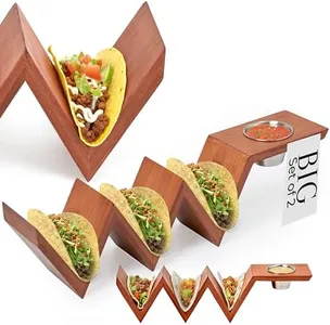 2 Lb. Depot Taco Holder Set of 2 - Durable Bamboo with Walnut Stain Finish - Includes Stainless Steel Bowls - Keeps Tacos Upright and Tidy - Perfect for Parties and Social Media