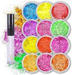 Neon Holographic Body Glitter I 12 Colors + 1 Glitter Glue for Face, Hair, Nail, Eye & Glitter Eyeshadow - Perfect for Halloween Makeup, Raves, Festivals, Resin, Tumblers, Cosmetic & Nail Art