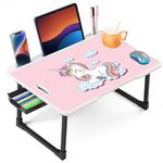 OPTIFINE Foldable Wooden Mini Laptop Table for Bed, Study Table with Drawer, Tablet/Mobile Holder for Kids & Adults->> (White-US-COTTED-Unicorn)