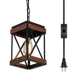 Rustic Farmhouse Plug in Pendant Light with 15ft Cord, On/Off Switch, Wood and Metal Cage Adjustable Chains Industrial Mini Hanging Light Fixture for Kitchen Island Sink Bar Farmhouse, Black