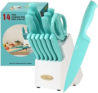 Marco Almond® Kitchen Knife Set MA24, 14 Pieces Stainless Steel Knife Block Set, Chef Teal Knives Sets for Kitchen with White Block