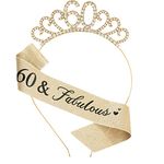 MIOSJI 60th Birthday Sash and Crystal Tiara Birthday Crown for 60th Birthday Decorations Women 60th Birthday Gift Party Accessories (Gold)