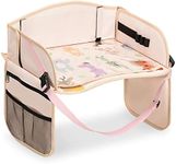 Navaris Kids Car Tray Table - Foldable Travel Play Tray for Toddlers and Children - Drawing, Watching Tablet, Snacks - Cute Animal Design - Beige