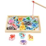 Vicloon Wooden Fishing Game, 19pcs Magnetic Fishing Game, Wooden Montessori Toys with Fish Rod for Kids 3+ Year Old Educational Learning Toys for Kids Beads Threading Game