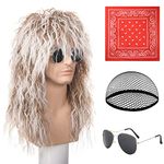 TUPARKA 3 Pieces Men and Women Long Curly Brown Gradient White Wig 70s 80s Rocker Mullet Party Funny Wig Costume Wig(Only One Glass)