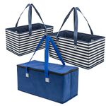 Planet E Reusable Foldable Grocery Shopping Bags with a Trunk Size Collapsible Box (Pack of 3, Navy Stripe and Solid)