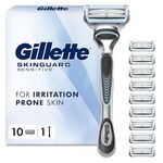 Gillette SkinGuard Sensitive Razor for Men - 1 Men's Razor Handle with 10 Blade Refills, Gentle Shave for Sensitive Skin, Reduces Irritation and Bumps