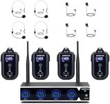 ZERFUN 4 Channel Rechargeable Wireless Microphone System, Pro UHF Metal Headset Lavalier Lapel Cordless Mics Handheld for Karaoke Singing Church with VOL Control, 4x50 Adjustable Frequency(G8)