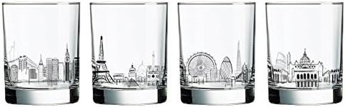 Luminarc 4 Piece Skylines 13.25 oz Assorted Decorated Double Old Fashioned, Clear