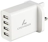 LYCANDER USB Wall Charger Plug UK Spec with 4 Ports 5A/25W adaptive charging technology (UK Plug)