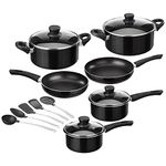 amazon basics Aluminum Non-Stick 15 Piece Cookware Set | 2-Way 3 Layer Non-Stick Coating | PFOA Free | High Temperature Resistant Exterior Coating, Black