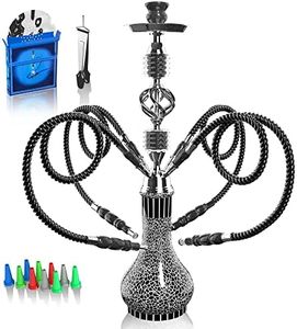 Hookah Complete Set with 4 hose, 22'' Large Shisha Kit For Up To 4 Persons with everything Included, Ceramic Bowl | Premium Hose | Beautiful Glass Vase (Black)