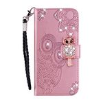 Motorola Moto E13 Case Glitter Bling, Cute Funny Owl Shockproof Folio Flip PU Leather Wallet Case with Stand Card Holder Silicone Bumper Phone Case for Motorola E13 Cover Girls Kids, Rose Gold