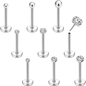 PunkTracker 9Pcs Threadless Lip Rings Nose Rings Labret Jewelry 16G/18G/20G Ball CZ Gem Stainless Steel Piercing Jewelry for Tragus Helix Conch Medusa for Women Men, Metal, cubic zirconia