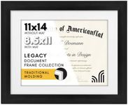 Americanflat 11x14 Diploma Frame with Shatter-Resistant Glass - Use as 8.5x11 Frame with Mat or 11x14 Frame without Mat - Legacy Collection - Thin Picture Frame for Wall Display - Black