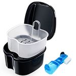 Black Denture Soaking Container Partial Denture Case, Orthodontic Retainer Cleaning Case Denture Cleaner Container Dentures Teeth Cup with Strainer and Lid Waterproof