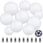 LIHAO 10 PCS Paper Lanterns with LED Balloon Lights Set ( Cool White Light ) 6'' / 8'' / 10'' / 12'' Round Hanging Paper Lanterns