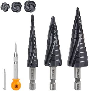 MulWark Four Spiral Flute Cobalt Step Drill Bit Set and Automatic Center Punch, Industrial Grade Aluminium Titanium Nitride Coated Step Bit, Hex Shank Unibit Step Bits for Metal, Stainless Steel