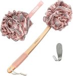 Toem Loofah Back Scrubber for Shower | Bamboo Charcoal Fiber Infused | Loufas for Men & Women | Includes 1 Long Handled Shower Sponge, 1 Bath & Shower Luffa Pouf & 1 Hook to Hang Stuff (Rose Pink)