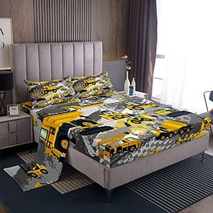 Kids Cartoon Car Bed Sheet Set Twin Size Boys Construction Vehicles Bedding Set for Teens Children Cartoon Machinery Truck Bed Sheets Set Construction Site Cars Bed Cover 3Pcs, Super Soft,Breathable