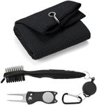 3 in 1 Golf Cleaning Kit, Microfiber Golf Towel with Carabiner, Club Club Brush, Golf Divot Repair Tool with Ball Marker, Ideal Golf Accessories (Black Brush+Black Towel+Black Divot Tool)