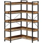 Rolanstar Bookshelf 5 Tier with 4 Hooks, Reversible Corner Bookshelf, 65" Industrial Wooden Bookcase with Open Shelves and Metal Frame for Living Room, Bedroom, Home Office, Rustic Brown