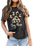 Fawniss Dog Mom T-Shirt Women Letter Print Shirts Funny Leopard Dog Paw Graphic Tee Tops (Grey, Medium)