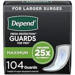 Depend Adult Incontinence Guards for Men, Maximum Absorbency Disposable Pads, 104 Count (2 Packs of 52)