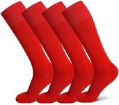 Raigoo Soccer Softball Baseball Football Socks for Youth Kids Boys and Girls Ages 4 to 16 Knee High Sport Athletic Socks, 4 Pairs Red, 4-7 Years