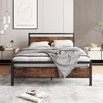 HOJINLINERO Double Bed Frame with Wooden Headboard,Heavy Duty Metal Platform Bed Frame Double Bed No Box Spring Needed,Mattress Base,Metal Slats Support Underbed Storage Space,Solid Double Beds,Black