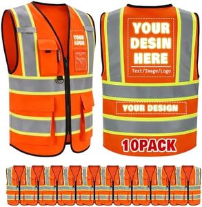 Jykuvtf Custom Safety Vest with Logo, Hi-Vis Reflective Work Vest with Pockets, Personalized High Visibility Vest, Enhanced Visibility for Construction, Road Work and Job Sites, Orange 10pack
