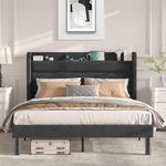 Flolinda Full Size Bed Frame with Charging Station Type-C & USB Ports Linen Upholstered Full Platform Bed with Wingback Storage Headboard No Box Spring Needed Dark Gray