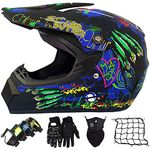 Motocross Helmet Adult Full Face Helmet MTB with Goggles/Gloves/Mask/Helmet Net, Youth Kids Downhill Off-Road Motorcycle Crash Helmet, ATV BMX Quad Bike Enduro Racing Dirt Bike Helmet, S-XL (52-59CM)