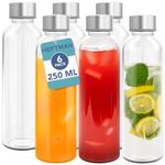 HEFTMAN 250ml Glass Bottles with Lids - 6 Pack Empty Glass Water Bottle Airtight, Leakproof, Stainless Steel Lids - Water, Smoothies, Juice Bottles with Lids & Cleaning Brush for Work, Gym, Home