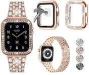 3-Pack Compatible With Apple Watch Band 38mm 40mm 41mm 42mm 44mm 45mm 49mm with Case, Bling Diamond Metal Strap with Diamond Case + Glass Screen Protective Cover For iWatch Series 9 8 SE 7 6 5 4 3 2 1 (Rose Gold, 40mm)